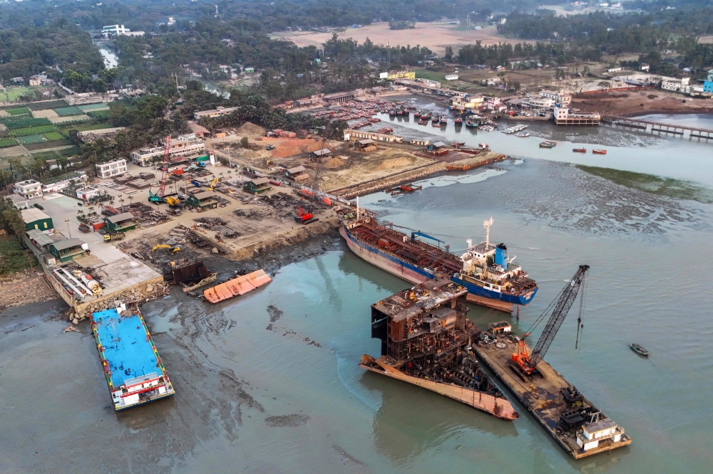 This aerial photograph taken on February 17, 2025 shows a general view of a shipbreaking yard in Bangladesh's southern port city of Chittagong. The shipbreaking industry employs 20,000 to 30,000 people directly or indirectly in sprawling port on the Bay of Bengal. But the human and environmental cost is immense, experts say. — AFP pic 