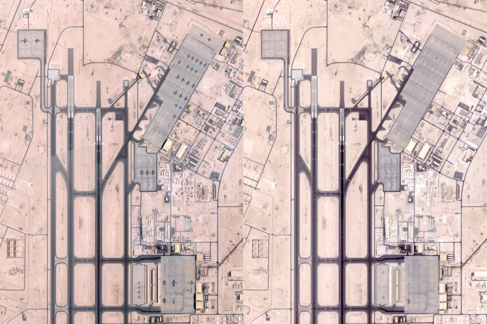 This combination of handout satellite photos obtained from Planet Labs PBC on June 19, 2025, of a photo taken on June 5, 2025 (left) shows military planes at the US military base of Al-Udeid in Qatar, and a photo taken June 19, 2025 (right) showing no more planes at the US military base of Al-Udeid in Qatar, one of the main US bases in the region. — Handout via AFP
