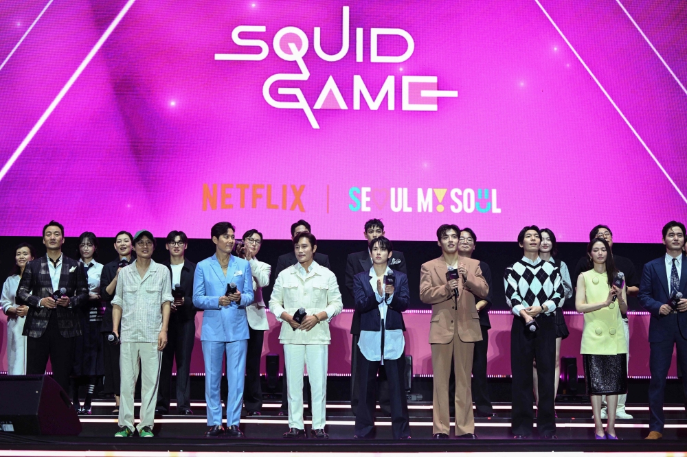 South Korean director Hwang Dong-hyuk (2nd left) and his casts attend a fan event for Netflix’s South Korean TV series ‘Squid Game Season 3’ at Seoul Plaza in Seoul on June 28, 2025. —  AFP pic 