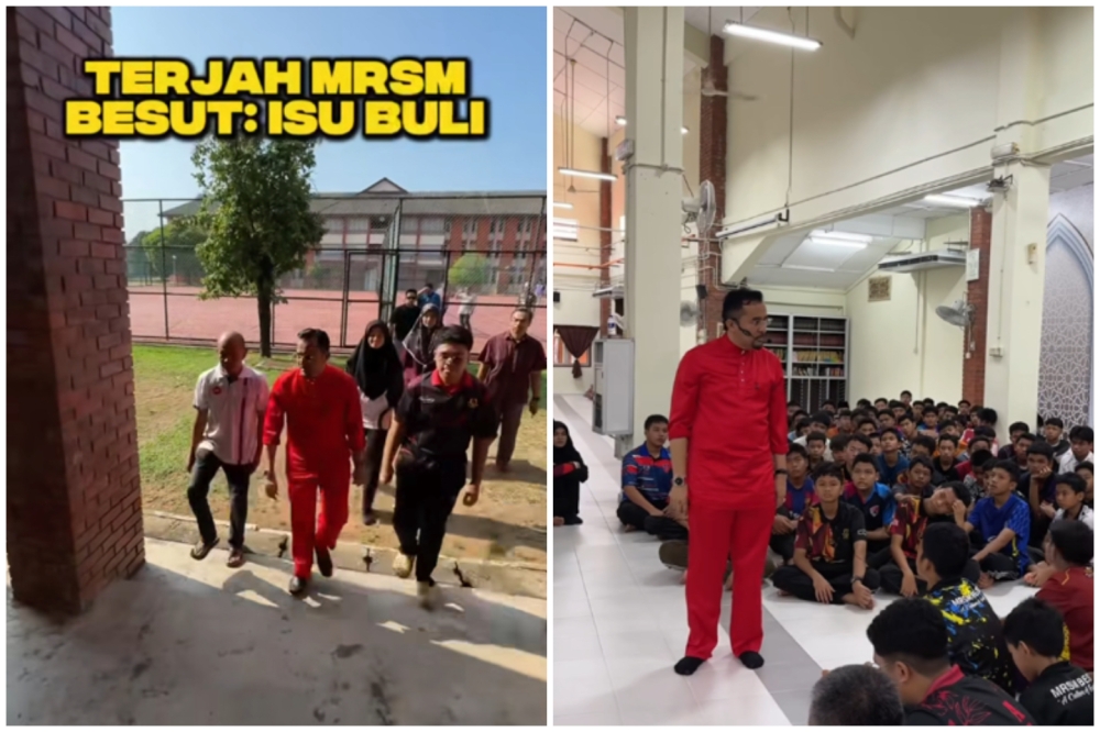 Datuk Asyraf Wajdi Dusuki (in red) making a surprise visit to Besut MRSM after a bullying incident there. — Screengrabs from Facebook/Asyraf Wajdi
