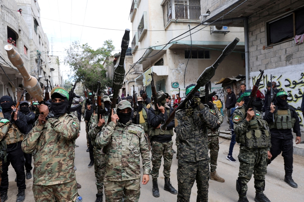 File picture of Hamas fighters carrying grenade launchers at the funeral of Marwan Issa, a senior Hamas deputy military commander who was killed in an Israeli airstrike during the conflict between Israel and Hamas, amid a ceasefire between Israel and Hamas, in the central Gaza Strip, February 7, 2025. — Reuters pic 