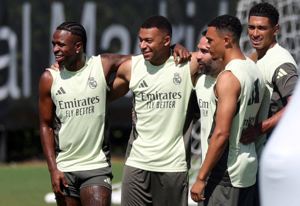File photo of Real Madrid’s Vinicius Junior, Kylian Mbappe, Dani Carvajal, Trent Alexander-Arnold and Jude Bellingham during training in Palm Beach Gardens, Florida, June 15, 2025, ahead of the Club World Cup. — Reuters pic