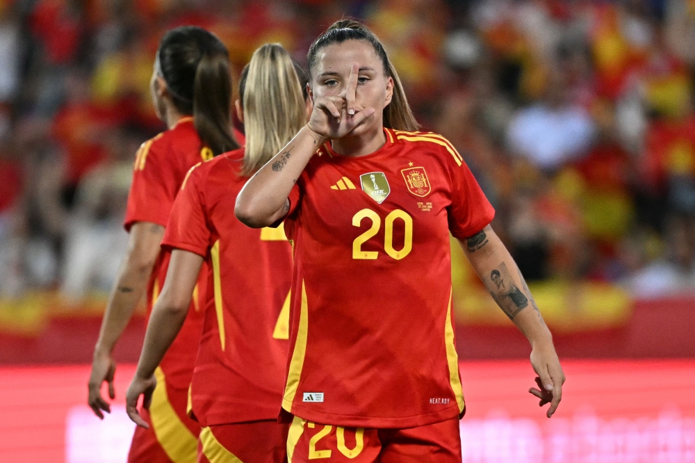 Spain's forward Claudia Pina celebrates scoring her team's first goal during an international women's friendly football match beetween Spain and Japan ahead of the Women Euro 2025 tournament, at Butarque stadium in Leganes, close to Madrid, on June 27, 2025.