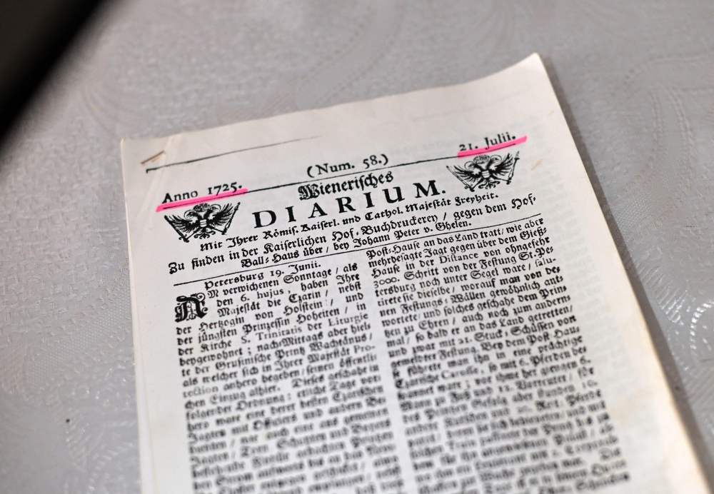 This photograph shows a copy of the 'Wienerisches Diarium', the imperial Viennese gazette dated from July 21, 1725, in Kisiljevo on June 23, 2025. — AFP pic