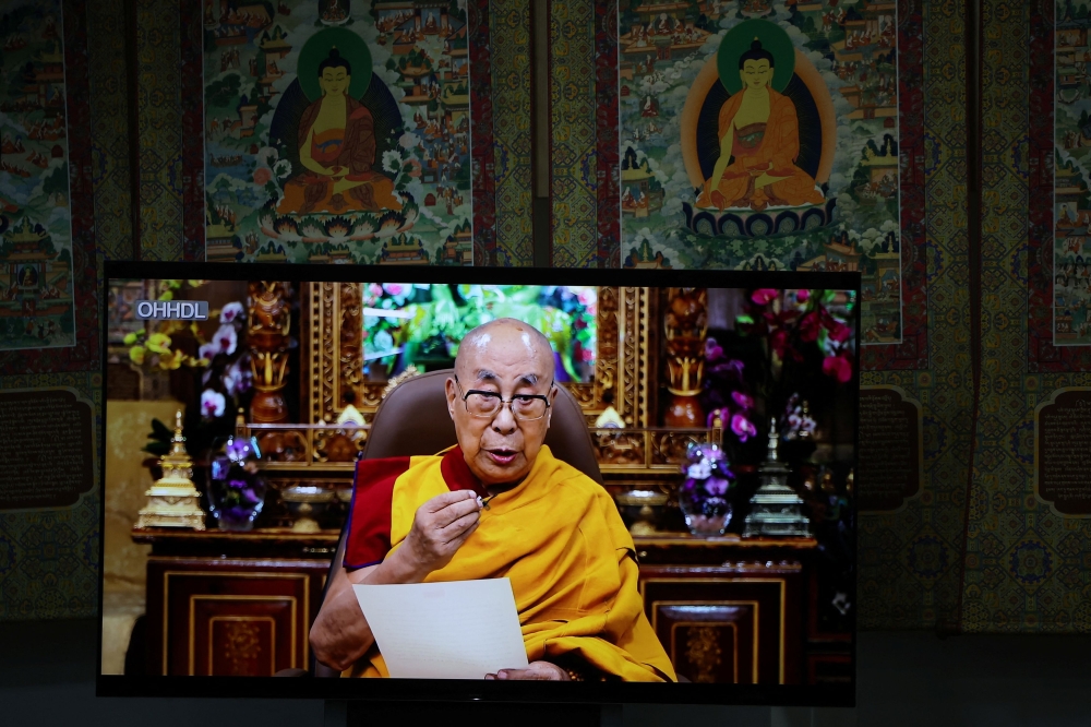Tibetan spiritual leader Dalai Lama addresses via a video message at the inaugural session at the 15th Tibetan Religious Conference at the Dalai Lama Library and Archive near Tsuglagkhang, also known as Dalai Lama’s Temple complex, in the northern hill town of Dharamshala, India, July 2, 2025. — Reuters pic 