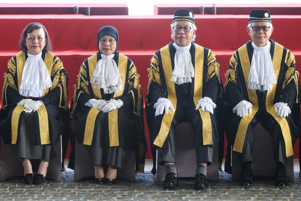 Chief Judge of Malaya (CJM) Tan Sri Hasnah Mohammed Hashim, Chief Justice (CJ) Tun Tengku Maimun Tuan Mat, President of the Court of Appeal (PCA) Tan Sri Abang Iskandar Abang Hashim and Chief Judge of Sabah and Sarawak (CJSS) Tan Sri Abdul Rahman Sebli at the Opening of the Legal Year 2025 at the Putrajaya International Convention Centre (PICC) January 8, 2025. — Picture by Yusof Mat Isa