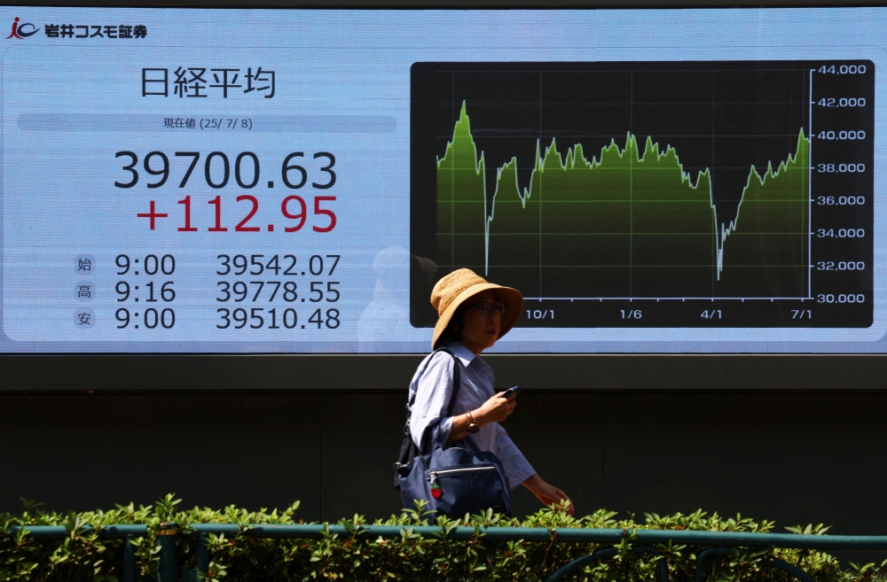 A woman walks past a screen displaying Japan’s Nikkei share average outside a brokerage in Tokyo July 8, 2025. — Reuters pic