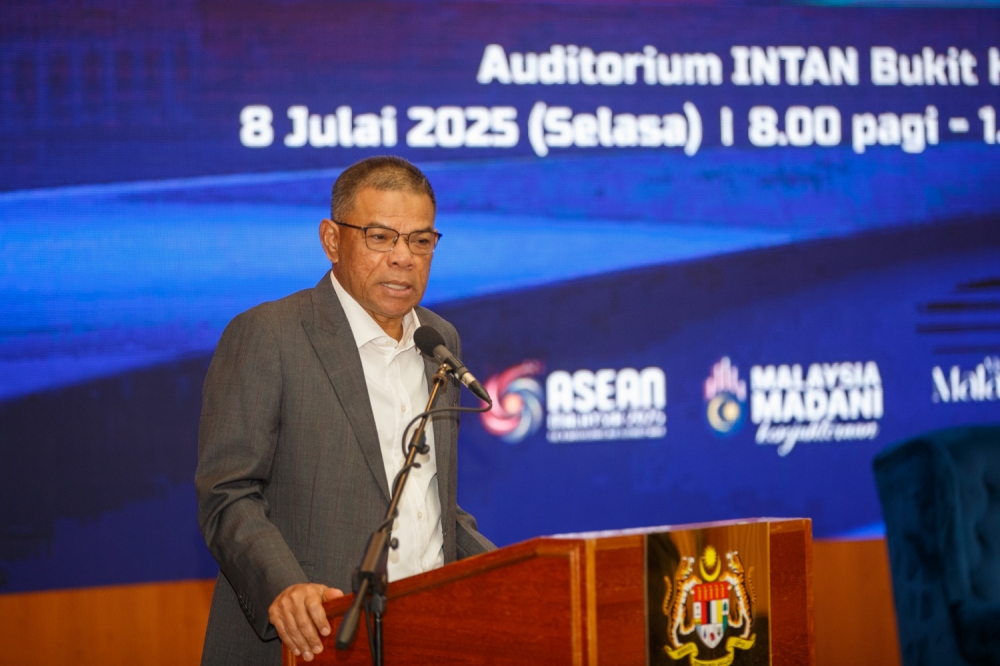 Home Minister Datuk Seri Saifuddin Nasution Ismail delivers his speech during the INTAN Minister’s Conversation 2025 at the National Institute of Public Administration (INTAN) in Bukit Kiara, Kuala Lumpur, July 8, 2025. — Picture by Raymond Manuel