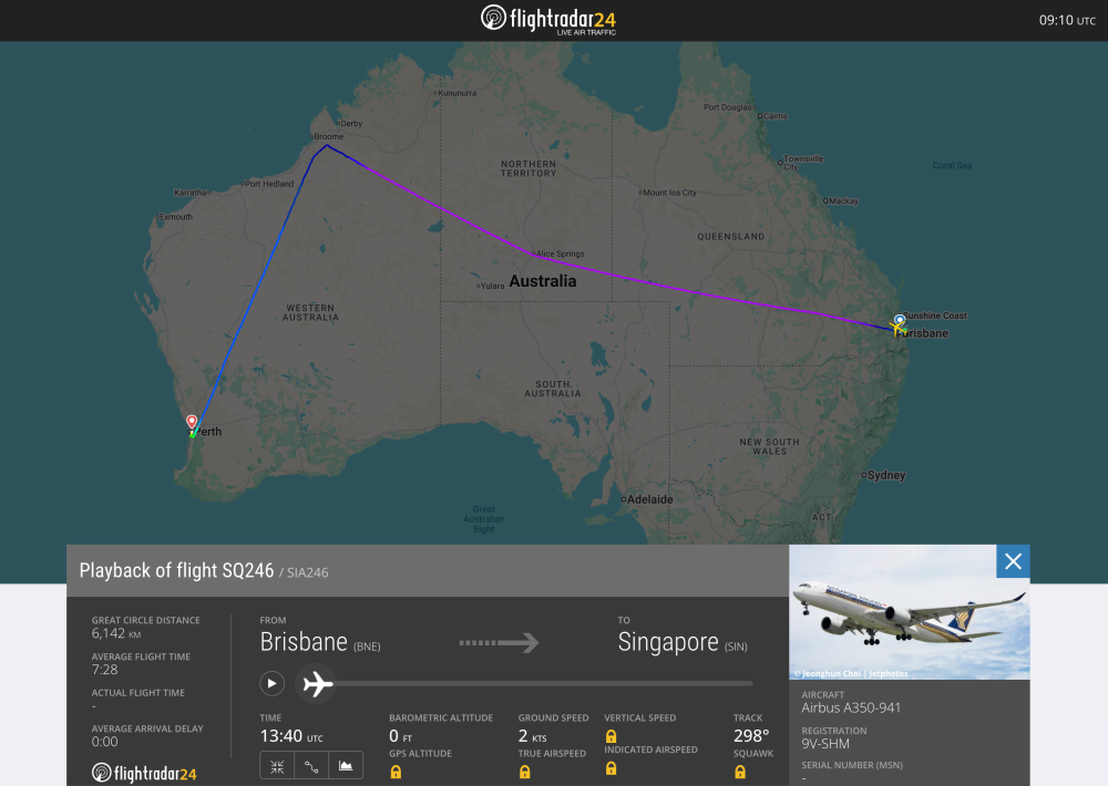 Screengrab from Flightradar24 showing the flight path of SQ246.