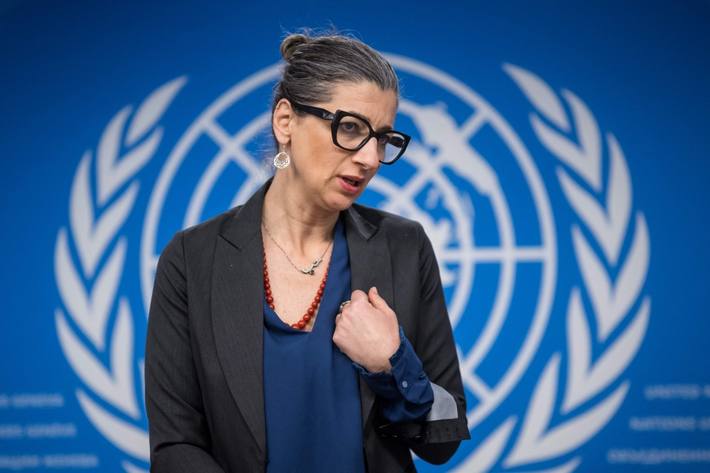 United Nations (UN) Special Rapporteur on the Rights Situation in the Palestinian Territories, Francesca Albanese gestures after a press conference during a session of the UN Human Rights Council, in Geneva, on March 27, 2024. — AFP pic