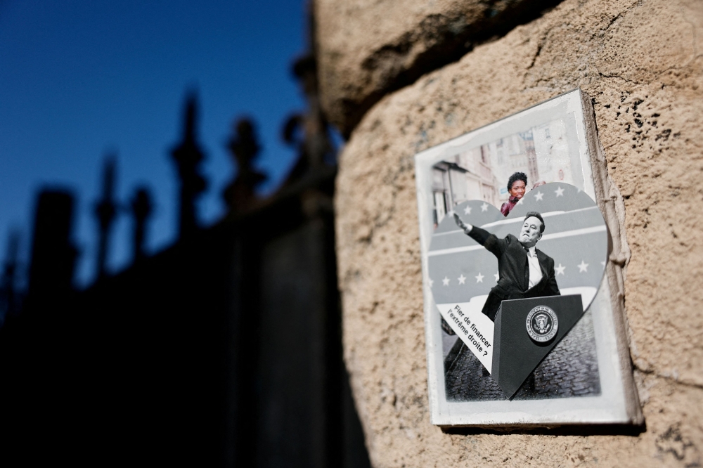 A sticker in opposition to Elon Musk is affixed on a wall in Paris, France, March 17, 2025. — Reuters pic