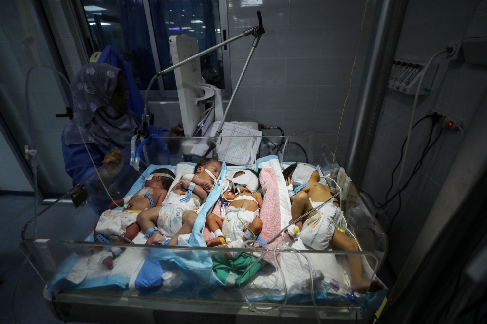 Palestinian newborns share an incubator at Al-Helou hospital due to fuel crisis, according to medics, amid the Israeli military offensive, in Gaza City, July 10, 2025. — Reuters pic