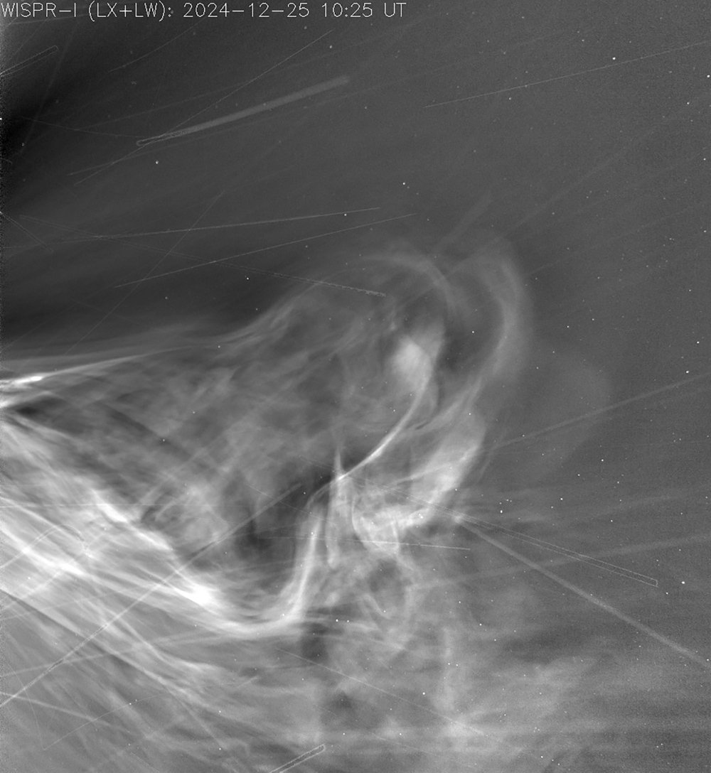 This photo provided by Nasa on July 15, 2025 taken by Parker Solar Probe’s WISPR instrument during its record-breaking flyby of the Sun on December 25, 2024, shows the solar wind racing out from the Sun’s outer atmosphere, the corona. — AFP pic