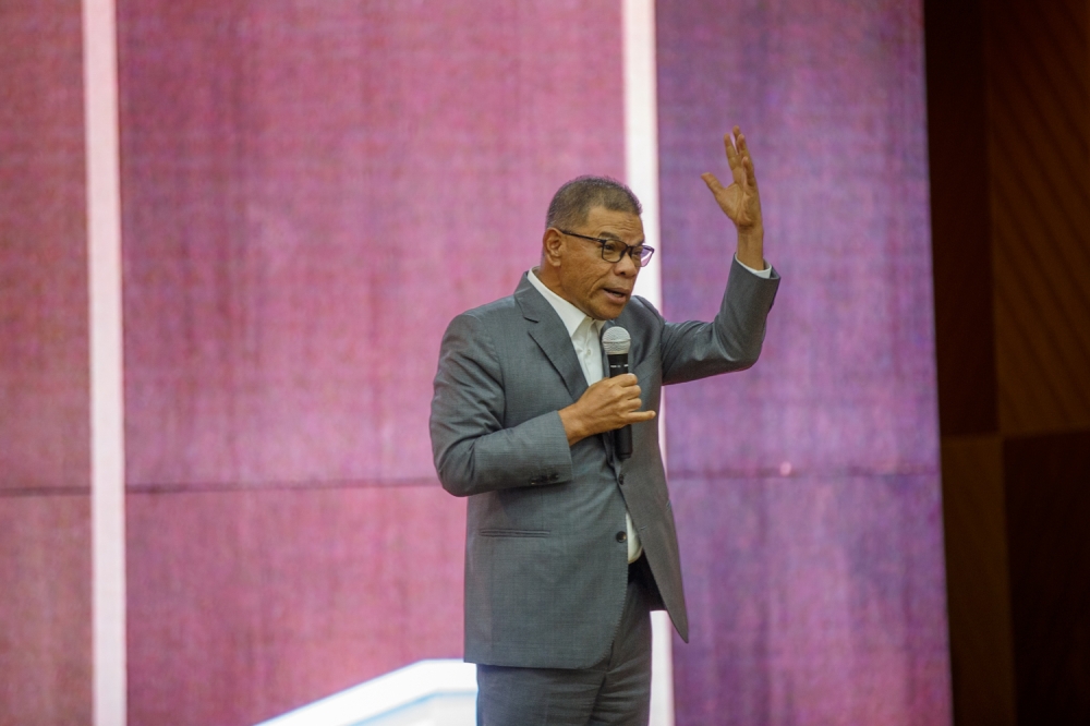 Home Minister Datuk Seri Saifuddin Nasution Ismail speaking during the Ministry of Home Affairs’ monthly assembly in Putrajaya today. — Picture by Raymond Manuel