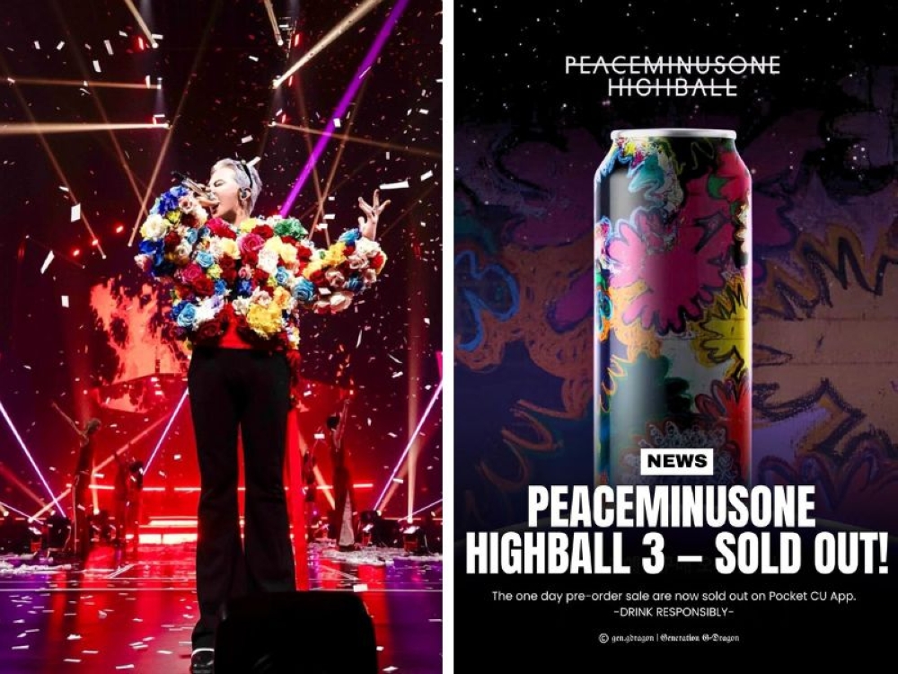K-pop star G-Dragon’s (left) alcoholic drink Peaceminusone Highball is sold out in Hong Kong and Taiwan. — Pictures from Instagram