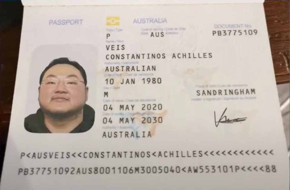 Screengrab of an Australian passport allegedly used by Jho Low with the identity Constantinos Achilles Veis. — Screegrab from YouTube/Project Brazen