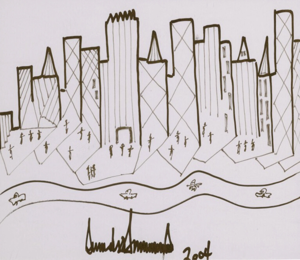 A New York cityscape skyline drawing signed by Donald Trump and dated 2004, created for the Capuchin Food Pantry’s Doodle for Hunger charity auction, as listed on Sotheby’s website in January 2020. — Reuters pic