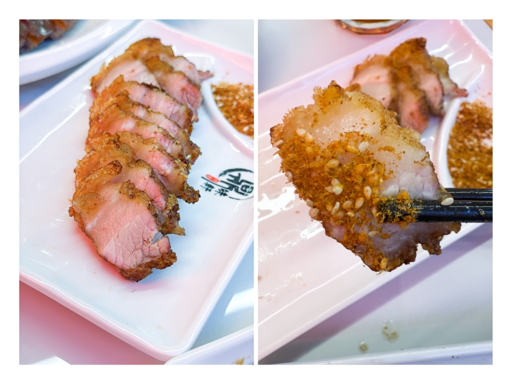 Crispy Roast Pork (left) comes with a fluffy crunchy crackling is eaten dipped in an interesting orange seasoning with sesame seeds (right). — Picture by Lee Khang Yi6. Pork Trotter Noodles is a huge bowl with springy egg noodles paired with tender braised pork trotters (left) and Shrimp Wonton Soup (right) has six plump bites with prawn and pork filling flavoured with dried flounder fish. — Picture by Lee Khang Yi