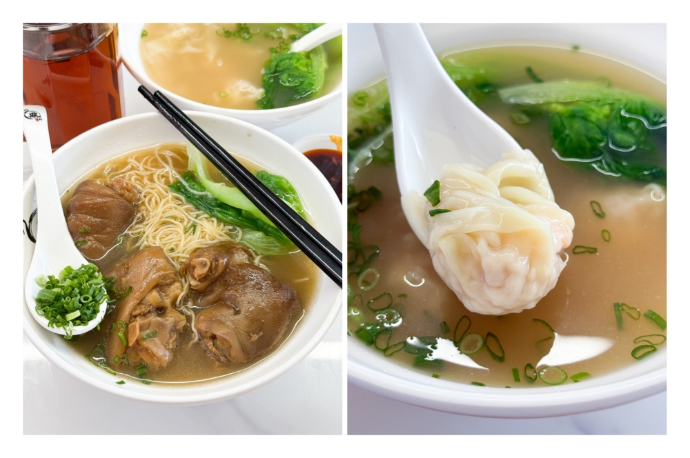 Pork Trotter Noodles is a huge bowl with springy egg noodles paired with tender braised pork trotters (left) and Shrimp Wonton Soup (right) has six plump bites with prawn and pork filling flavoured with dried flounder fish. — Picture by Lee Khang Yi