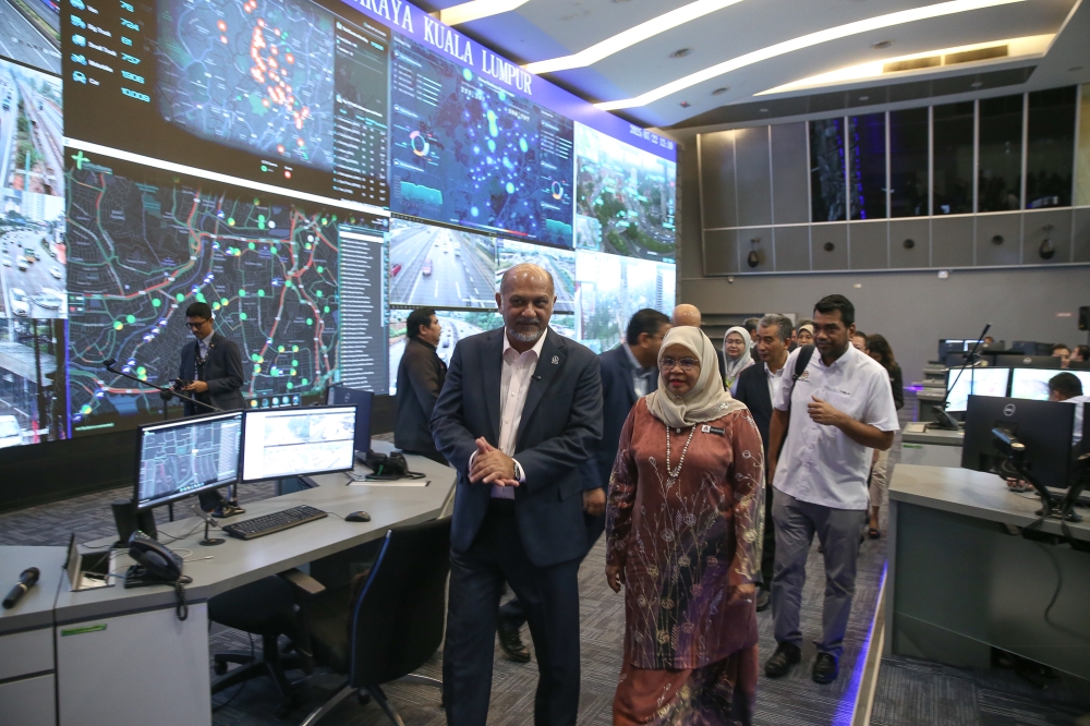 Digital Minister Gobind Singh Deo (left) and KL Mayor Datuk Seri TPr, Maimunah Mohd Sharif during their visit to the Kuala Lumpur Command and Control Centre (KLCCC) in Bukit Jalil on July 22,2025. — Picture by Yusof Mat Isa