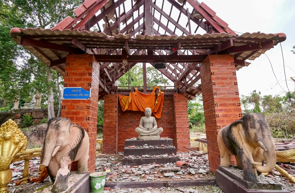 A pagoda damaged by Thai artillery is pictured in Oddar Meanchey province on July 25, 2025. — AFP pic