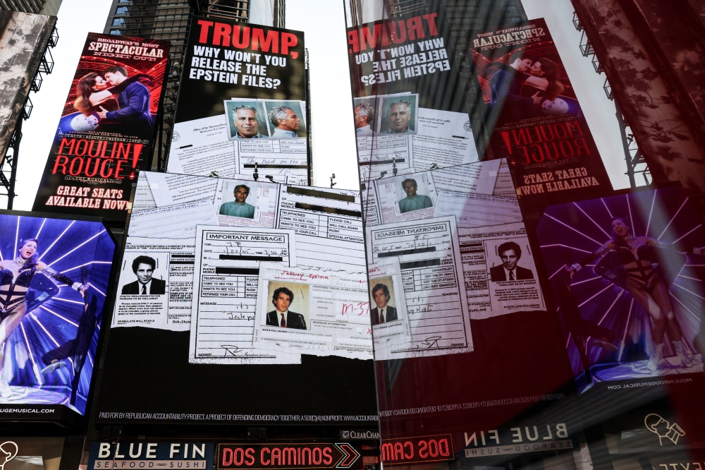 A screen about the Jeffrey Epstein files is displayed at Times Square in New York City July 23, 2025. — Reuters pic  