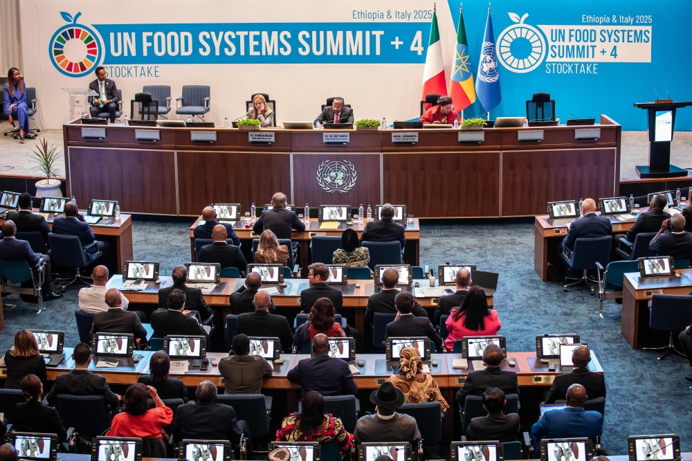 Delegates follow the proceedings as Prime Minister of Italy Giorgia Meloni, Prime Minister of Ethiopia Abiy Ahmed and Deputy Secretary-General of the United Nations Amina Jane Mohammed preside over the main session during the 2nd UN Food Systems Summit Stocktake (UNFSS+4), co-hosted by Ethiopia and Italy, in Addis Ababa on July 28, 2025. UN chief Antonio Guterres on July 28, 2025 said food must not be used as a weapon of war as world leaders gathered for a food summit in Africa, where 280 million people face hunger and starvation. — AFP pic