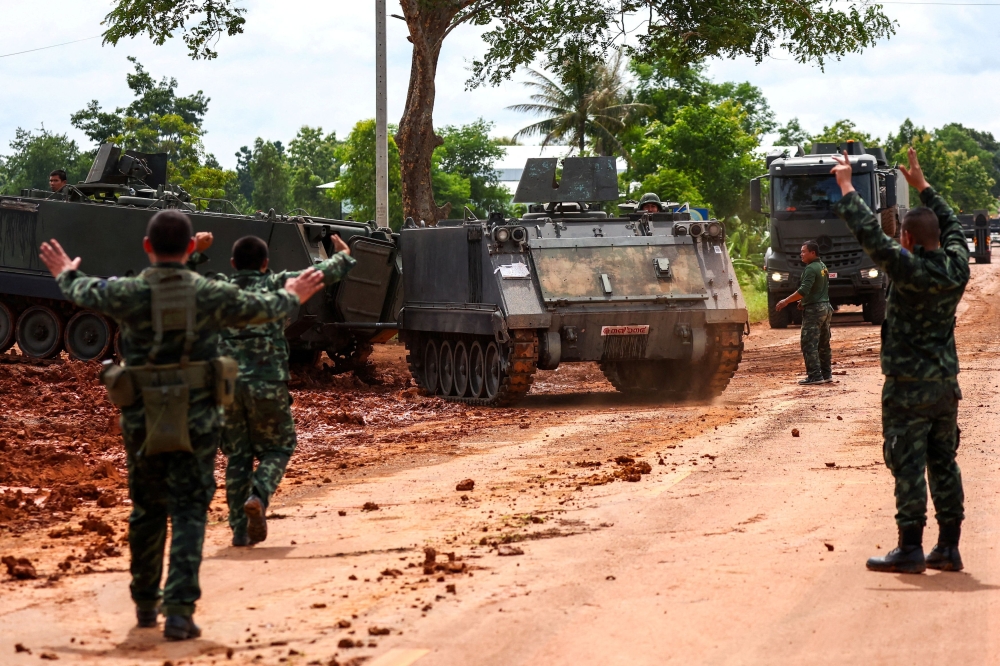Armoured personnel carriers (APC) are seen on a road near Thailand-Cambodia’s border in Sisaket province, the day after the leaders of Cambodia and Thailand agreed to a ceasefire on Monday in a bid to bring an end to their deadliest conflict in more than a decade and ahead of military negotiations, Thailand, July 29, 2025. — Reuters pic 