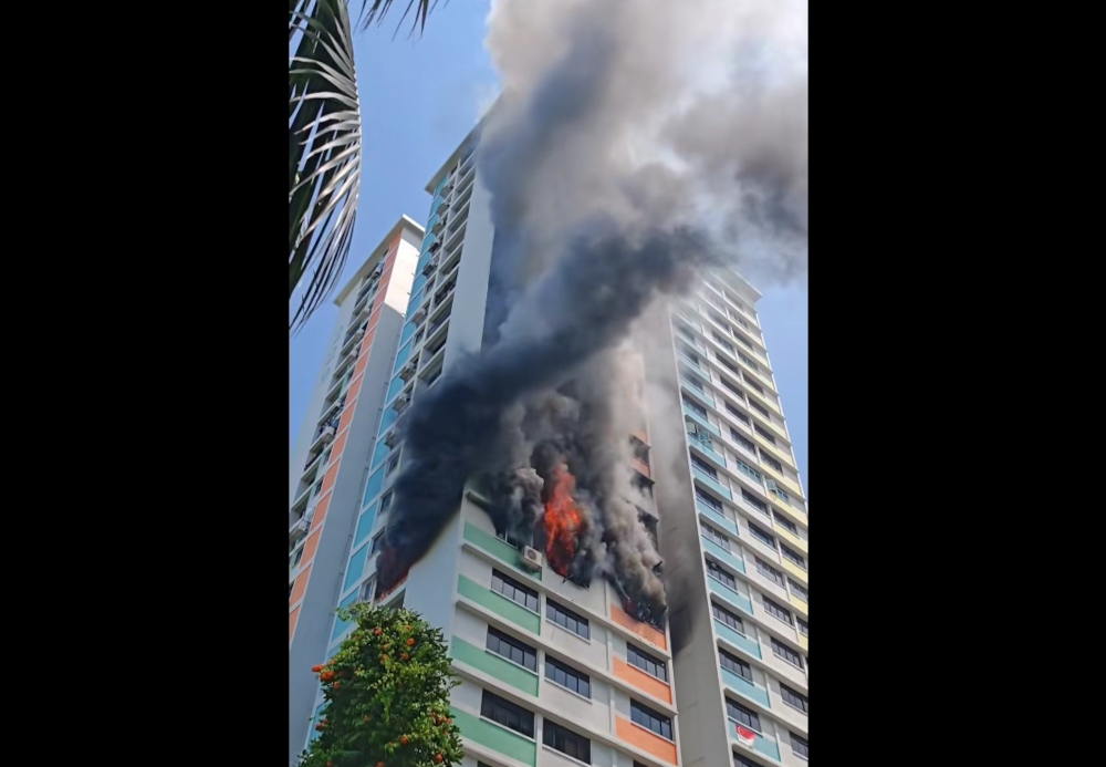 The Singapore Civil Defence Force (SCDF) said it was alerted to the blaze at Block 229, Toa Payoh Lorong 8, at around 1.10pm. — Screengrab from social media 