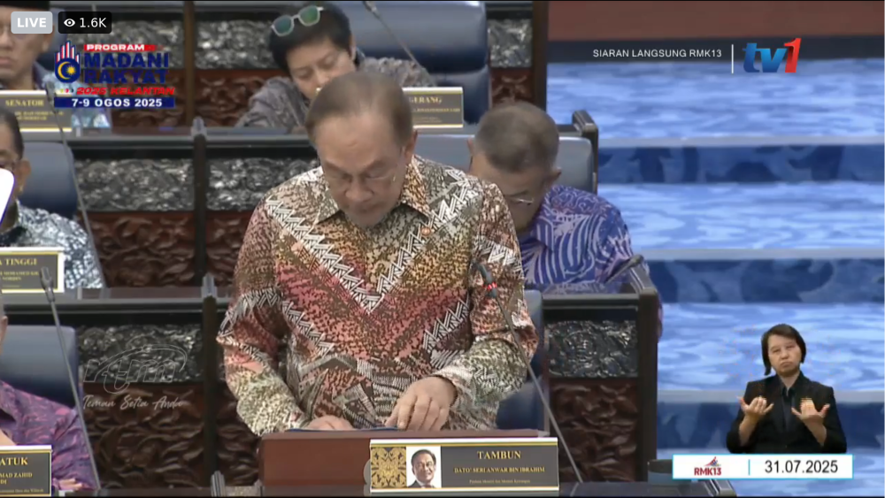 A screen grab shows Prime Minister Datuk Seri Anwar Ibrahim during the tabling of the 13th Malaysia Plan in Parliament on July 31, 2025.