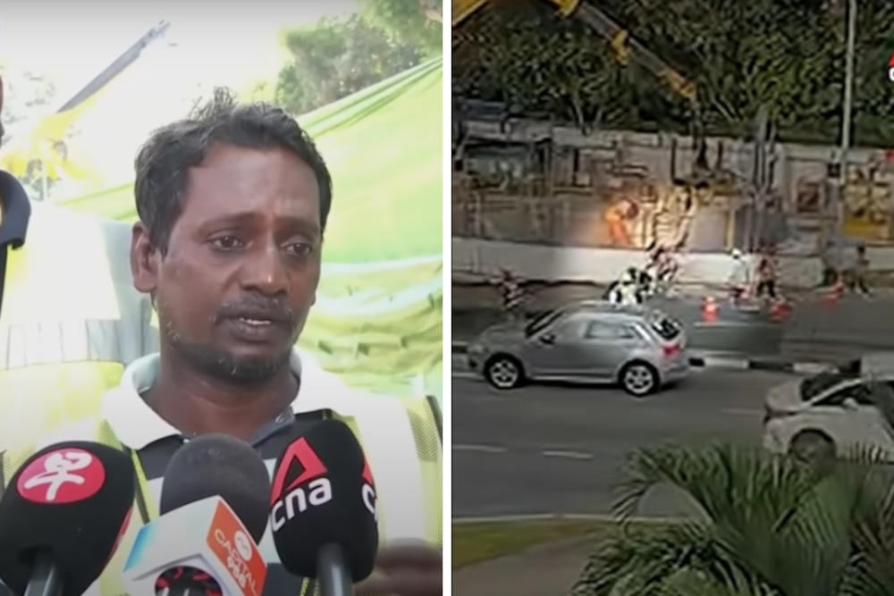 Construction foreman Pitchai Udaiyappan Subbiah (left) and his crew rushed from a nearby PUB worksite after hearing a loud noise and spotting the car. The seven migrant workers who helped rescue a woman from a sinkhole along Tanjong Katong Road South have been invited to meet President Tharman Shanmugaratnam at the Istana. — Screengrab from social media