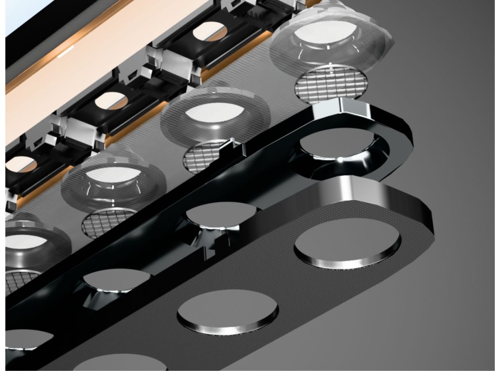 The precision optics system behind FLUX Helios’ balanced illumination. Each layer is meticulously designed to reduce glare and enhance visual comfort.