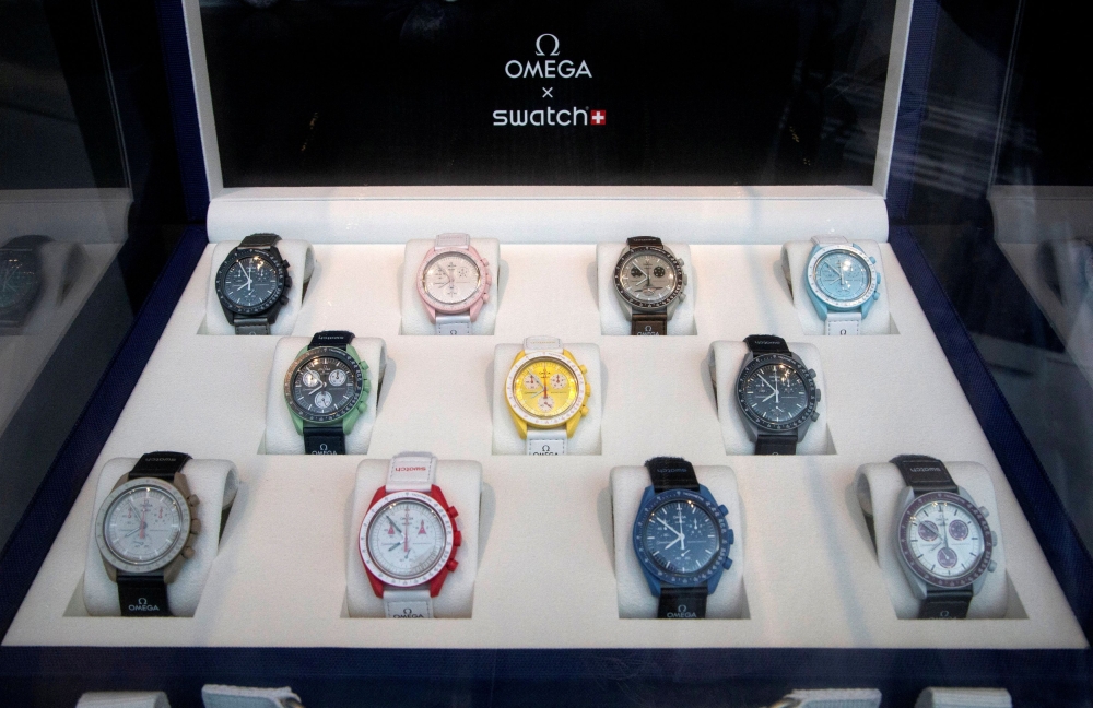 Watches of the Bioceramic Moonswatch Collection by Swiss watchmakers Swatch and Omega are displayed in a window of a Swatch shop in Zurich, Switzerland March 29, 2022. — Reuters pic 