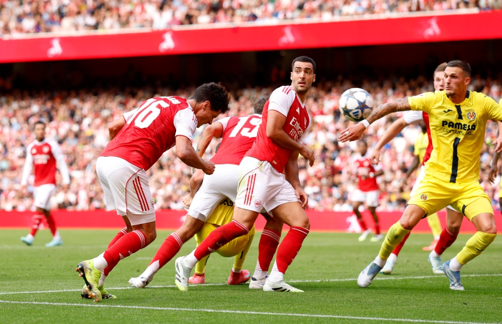 Arsenal’s Christian Norgaard scores their first goal during their friendly with Villarreal at Emirates Stadium in London August 6, 2025. — Action Images pic via Reuters/Peter Cziborra
