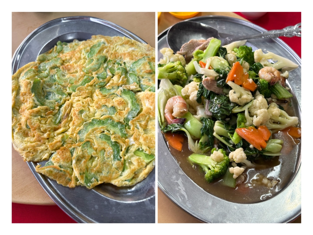 Greens are a must for a meal with a Bitter Gourd Omelette (left) and Mixed Vegetables (right) stir fried with prawns and pork. — Pictures by Lee Khang Yi