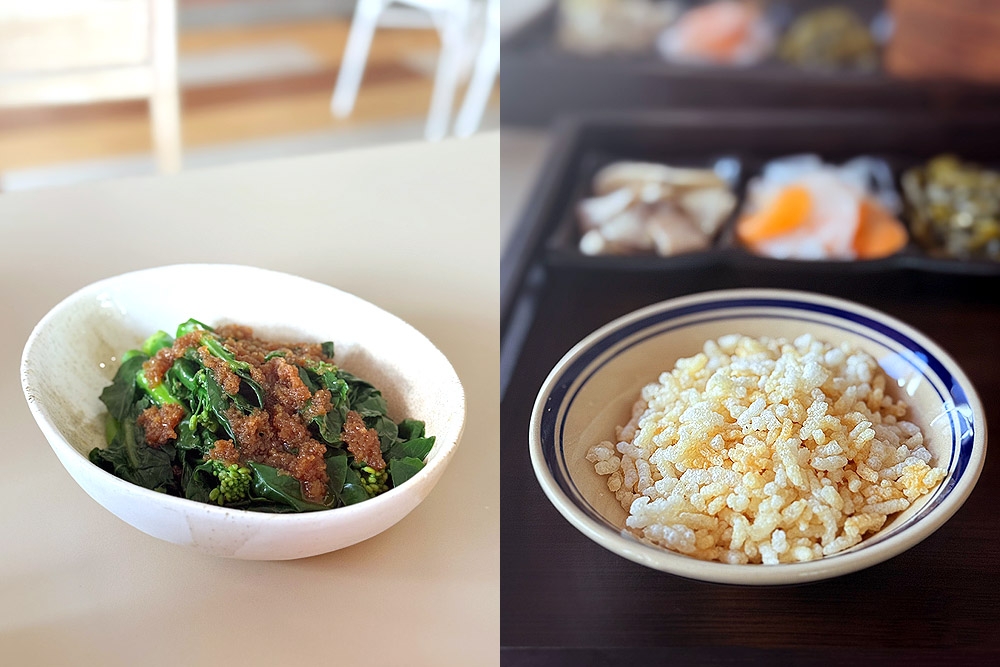 Seasonal ‘kailan’ (left). Crispy puffed rice (right). — Picture by CK Lim