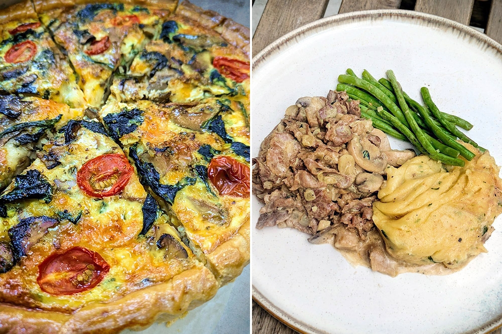 Mushroom, Spinach and Beef Bacon Quiche (left). Beef Stroganoff (right). — Pictures courtesy of Trailside Treats