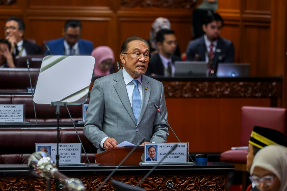 Prime Minister Datuk Seri Anwar Ibrahim speaks at the Dewan Negara, Kuala Lumpur, August 25, 2025. — Bernama pic