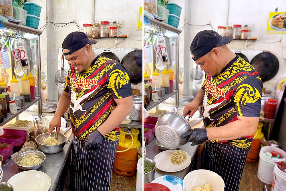 Preparing the noodles for  Kolo Mee 3 Rasa. 