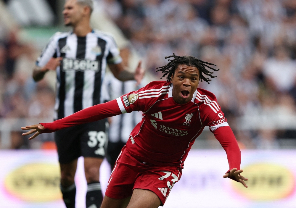 Liverpool's Rio Ngumoha celebrates after scoring his team's third goal during a Premier League match against Newcastle United at St James’ Park on August 25, 2025. — Reuters pic
