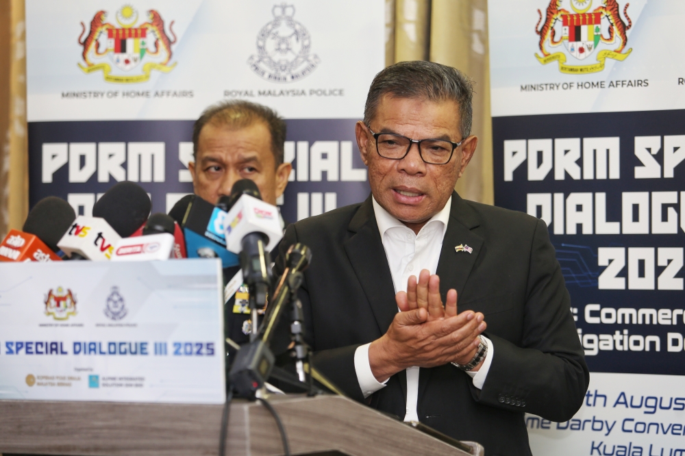 Home Minister Datuk Seri Saifuddin Nasution Ismail speaks during a press conference after closing the PDRM Special Dialogue III 2025 in Putrajaya August 26, 2025. — Picture by Choo Choy May