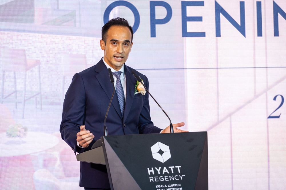 Naza TTDI deputy executive chairman & group managing director SM Faliq Nasimuddin speaking at the launch of Hyatt Regency Kuala Lumpur KL Midtown. — Picture by Firdaus Latif