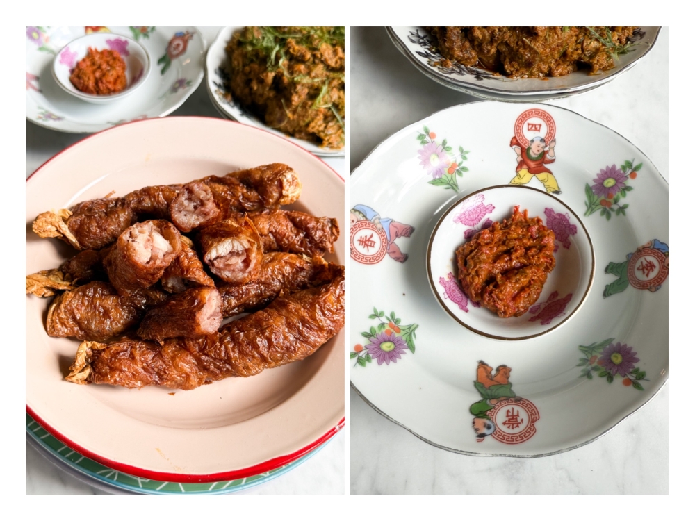 Lorbak is filled with tender pieces of meat (left) and the Sambal Belacan (right) is the perfect balance of spicy, sour and sweet. — Picture by Lee Khang Yi