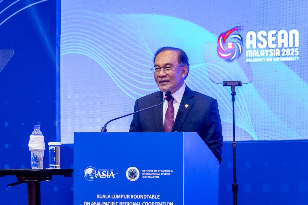 Prime Minister Datuk Seri Anwar Ibrahim speaks at the Kuala Lumpur Roundtable of the BOAO Forum for Asia at Shangri-la Hotel, Kuala Lumpur on August 27, 2025. — Firdaus Latif