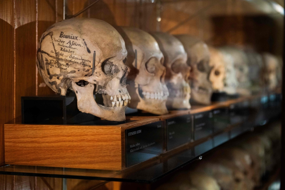 A skull bearing an identification inscription from the Josef Hyrtl Collection at the Mutter Museum, in Philadelphia, Pennsylvania on August 20, 2025. — AFP pic