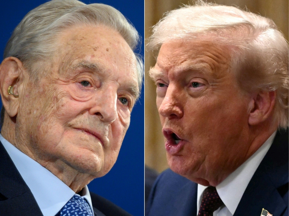 This combination of pictures created on August 27, 2025 shows, L/R, Hungarian-born US investor and philanthropist George Soros on January 23, 2020 in Davos, eastern Switzerland and US President Donald Trump in Washington, DC, on August 26, 2025. — AFP pic