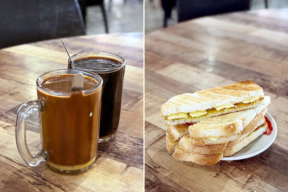 Local ‘kopi’ (left). ‘Roti bakar’ with butter and ‘kaya’ (right). — Pictures by CK Lim