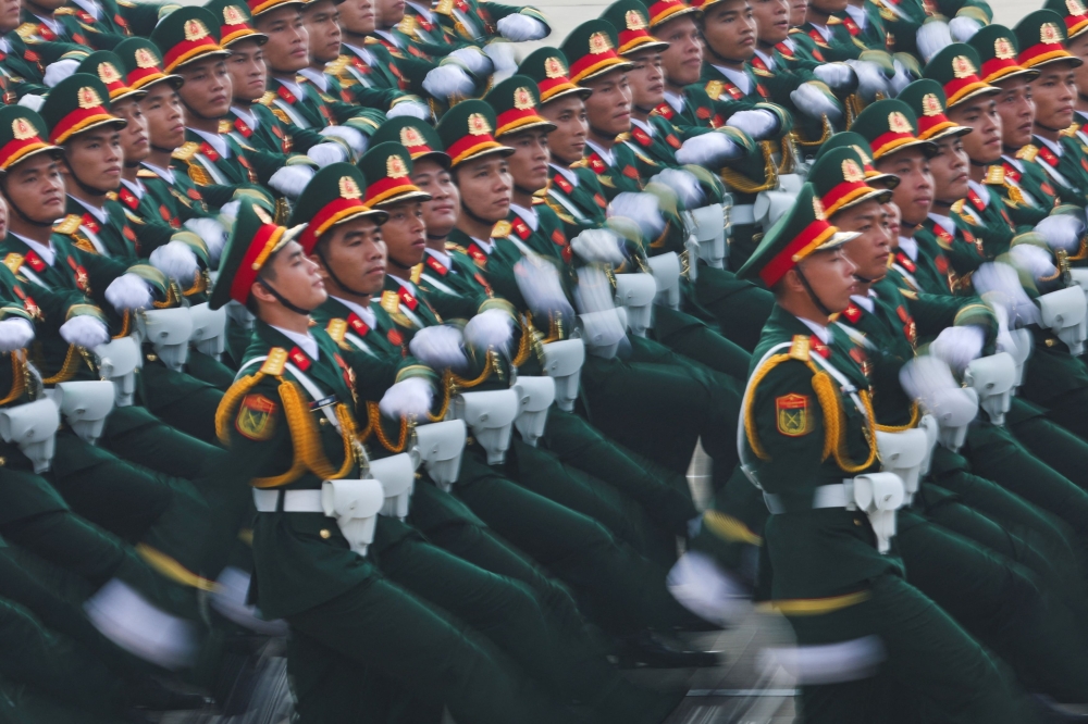 Vietnamese troops march during a parade celebrating the 80th anniversary of independence in Hanoi, Vietnam, September 2, 2025. — Reuters pic 