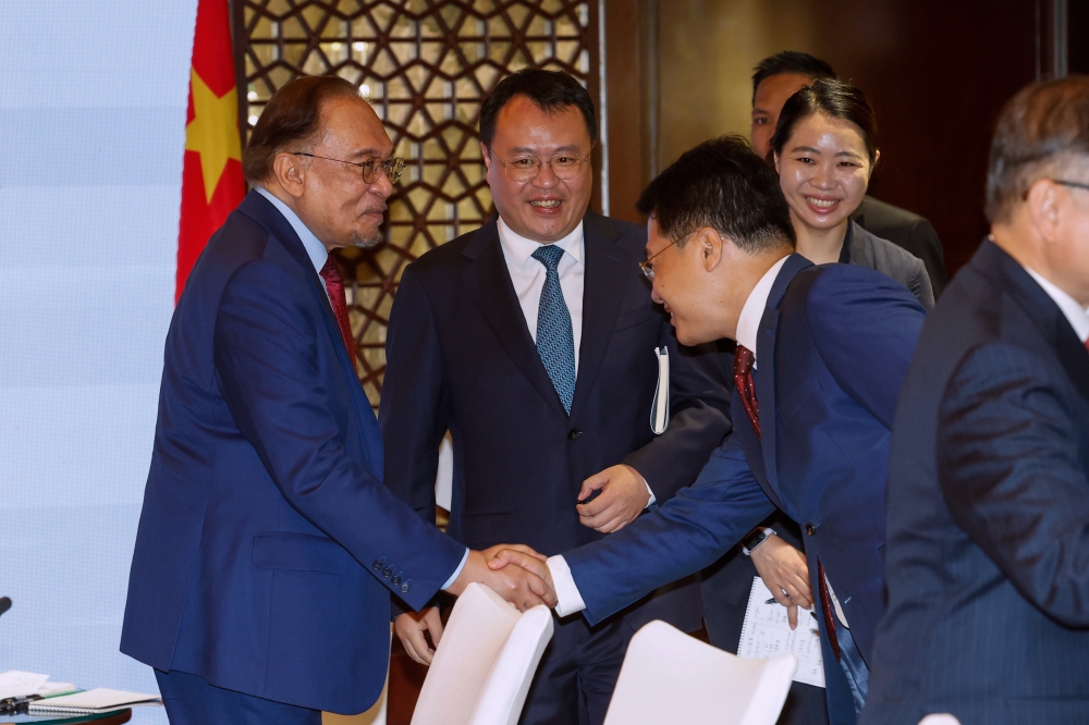 Prime Minister Datuk Seri Anwar Ibrahim during a business meeting with a Member of the Strategy Executive Committee, JD.com, Chief Executive Officer (CEO) of JD Logistics Hu Wei, earlier today. — Bernama pic
