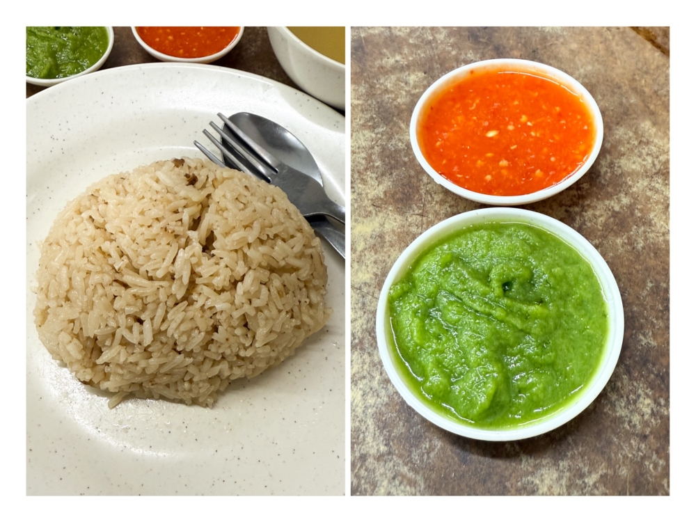The rice (left) is tinged brown from the chicken stock it’s cooked with and the two sauces (right) paired with the chicken is a fiery red chilli sauce and an unusual green ginger sauce. — Picture by Lee Khang Yi